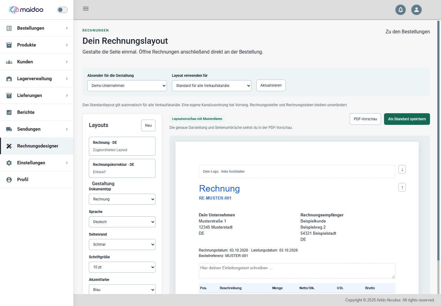 Original-Rechnungsdesigner von Maidoo mit visueller Musterrechnung, Gestaltung und Layoutzuordnung.